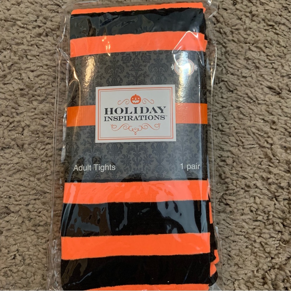 NEW Holiday Inspirations Halloween Orange Black Stripe Tights One Size